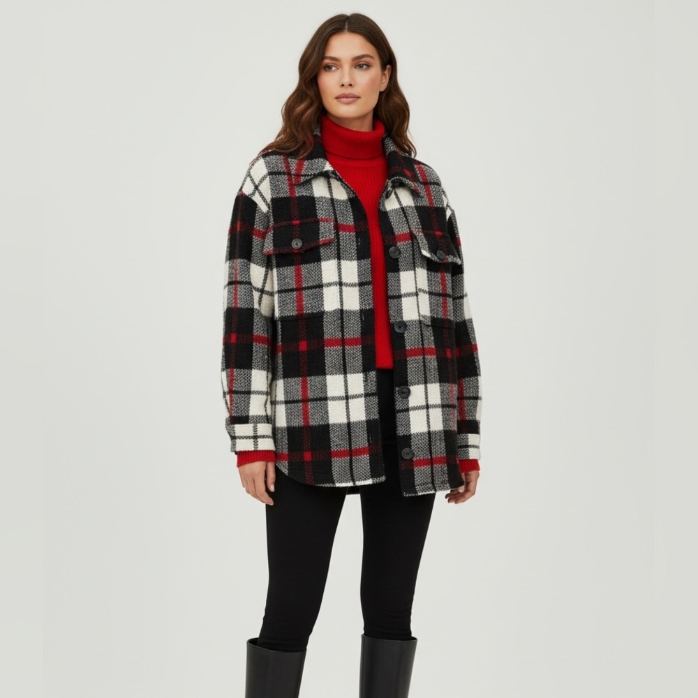 Rachel Zoe Medium Oversized Plaid Knit Button Front Shacket‎ Red Black White